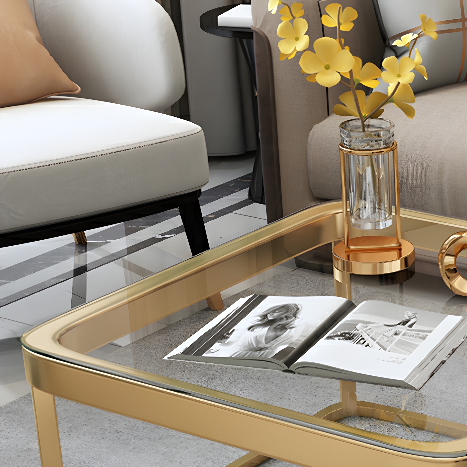 Glam Style Square Coffee Table with Drawer in Metal Frame Base - image 9