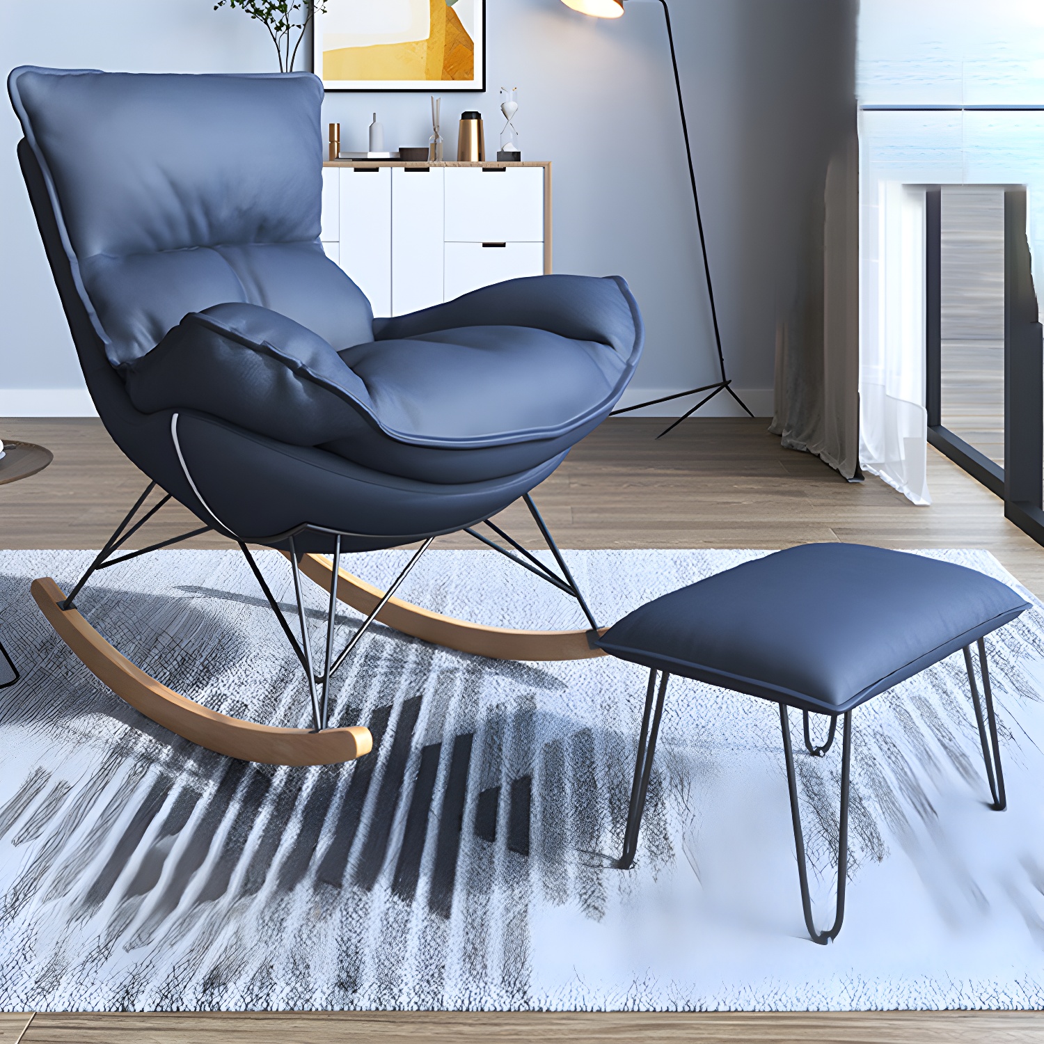 Contemporary Rocker Chair Antique Finish Rocking Chair with Ottoman - image 4