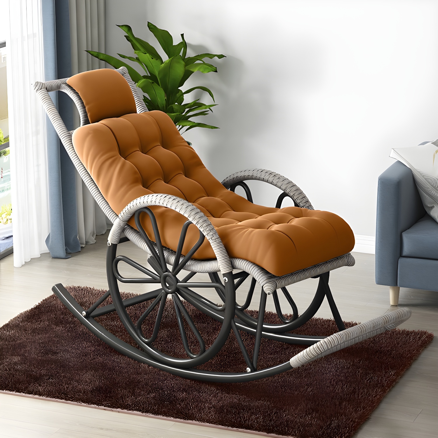 Modern Rocker Wicker Removable Cushions Tufted with Gray Frame Rocking Chair - image 10