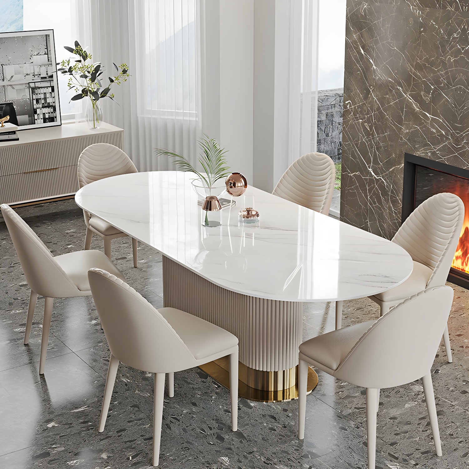 Oval Shape Fixed Kitchen Table Sintered Stone Pedestal Dining Table