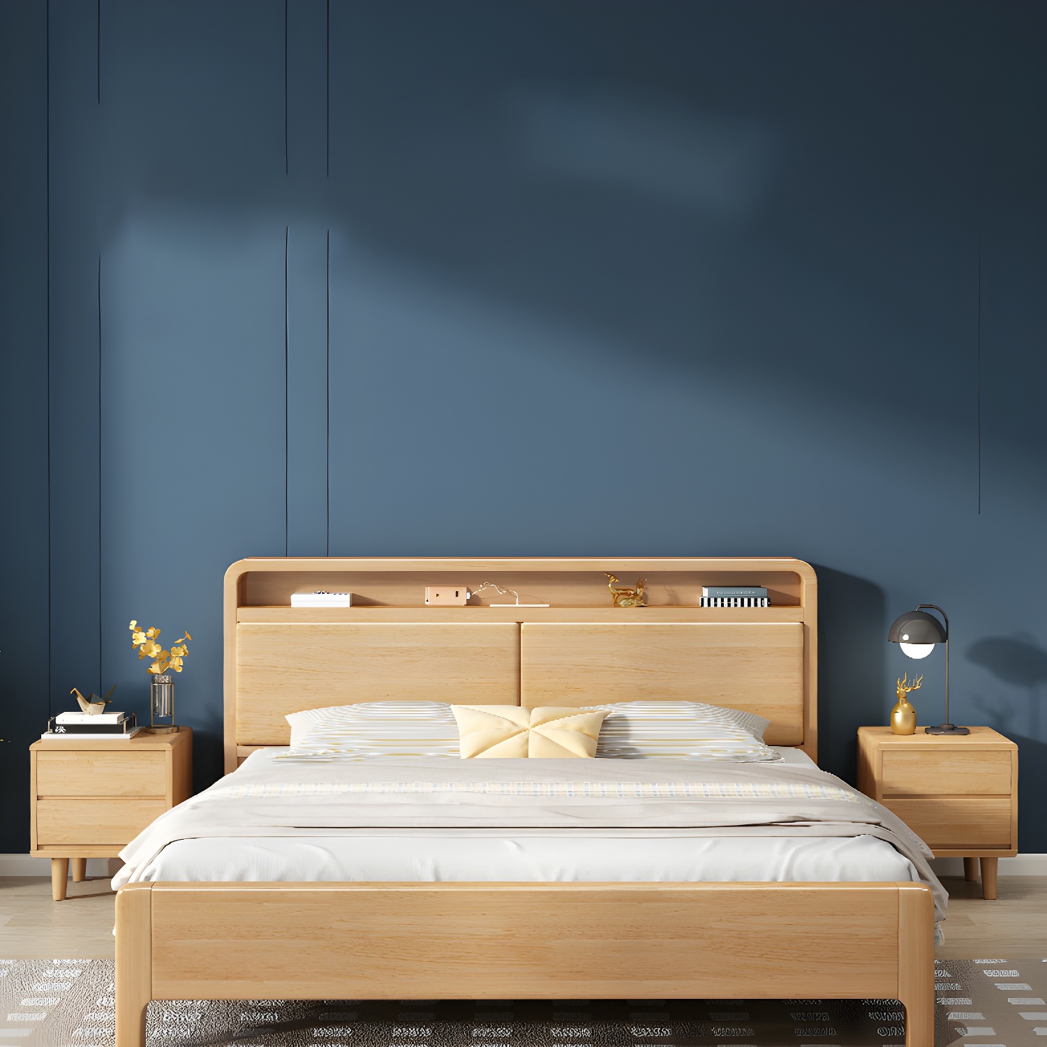 Scandinavian Solid Wood Bed with Four Legs and Upholstered Headboard - image 6