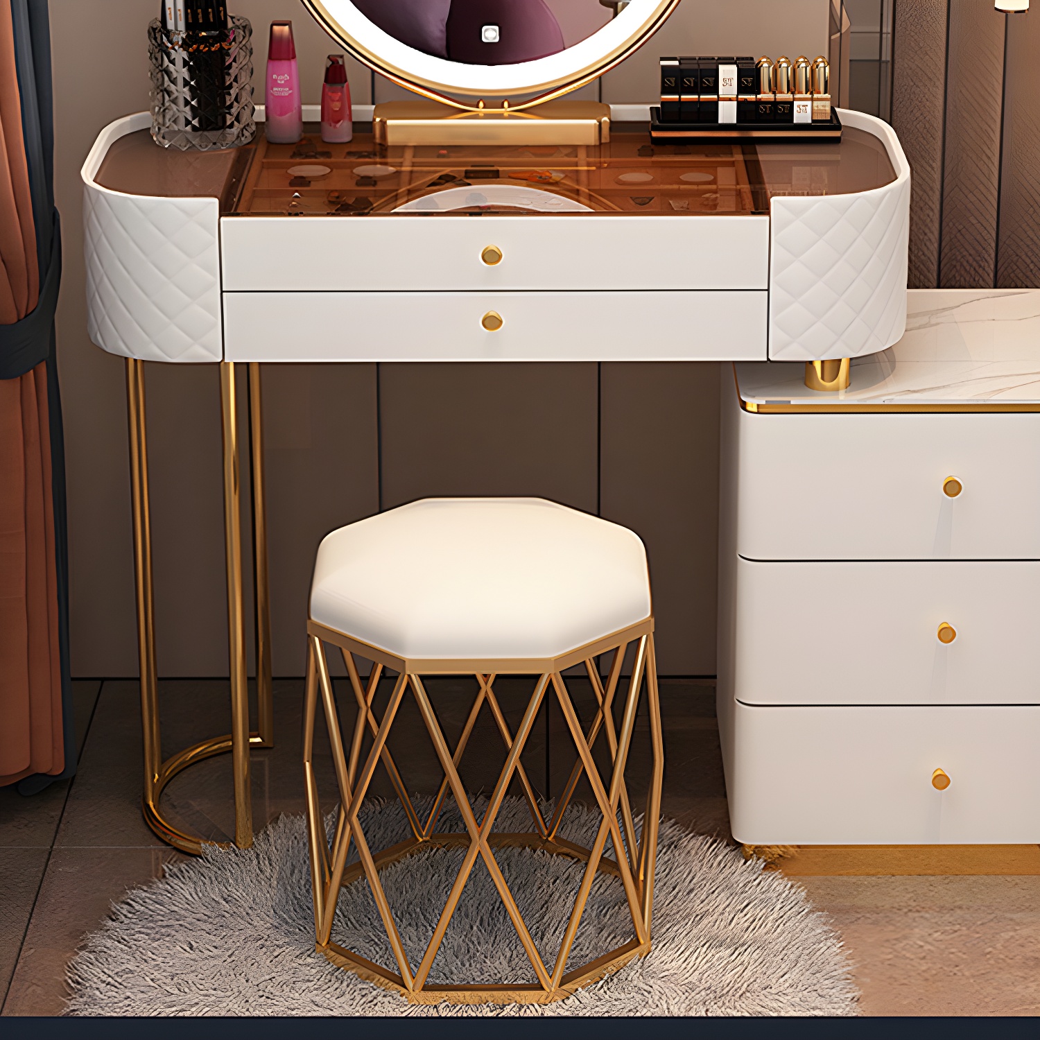 Lighted Mirror & Jewelry Makeup Vanity Metal Dressing Table Stool Set - image 13