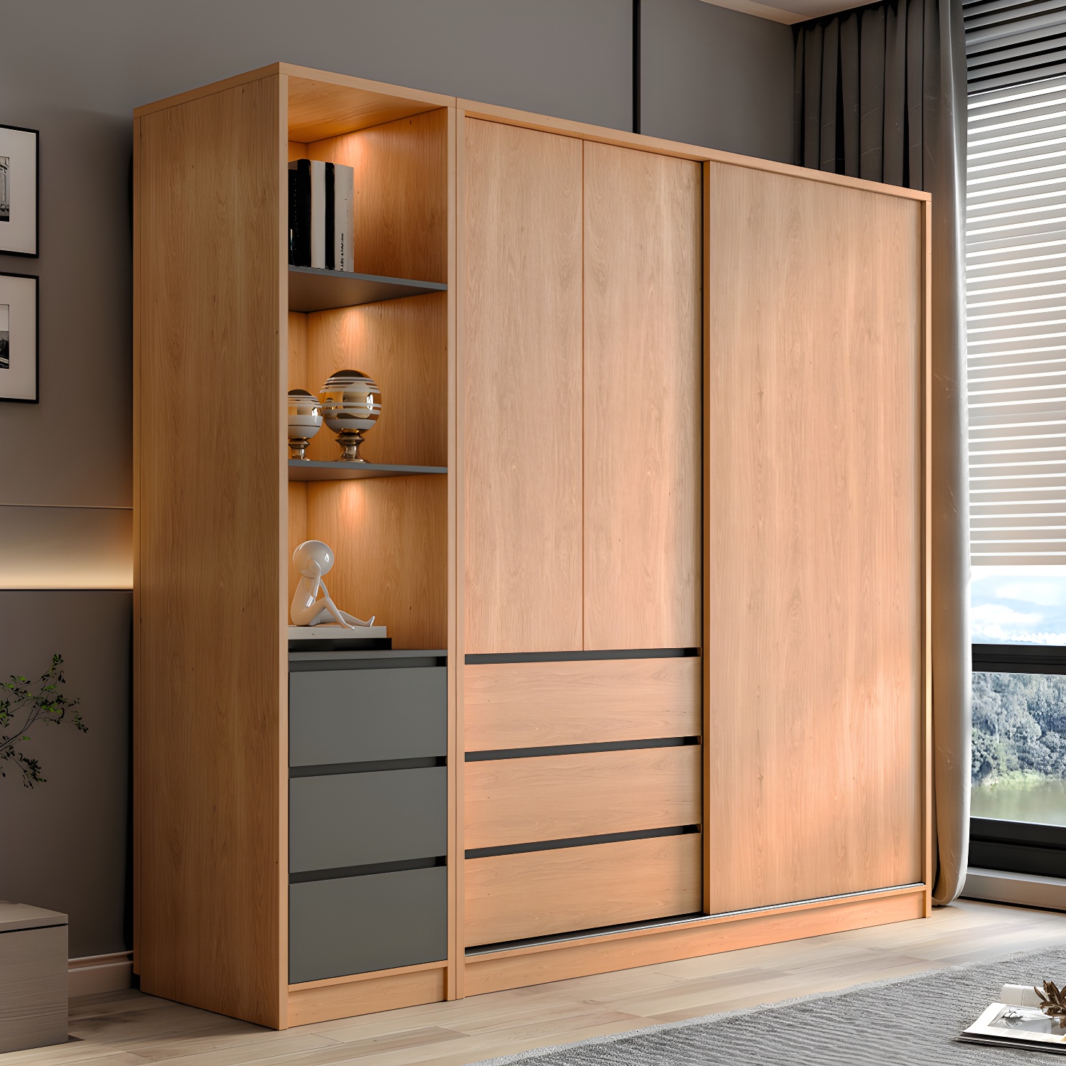 Engineered Wood Wardrobe Armoire with Drawer Contemporary Wardrobe Closet