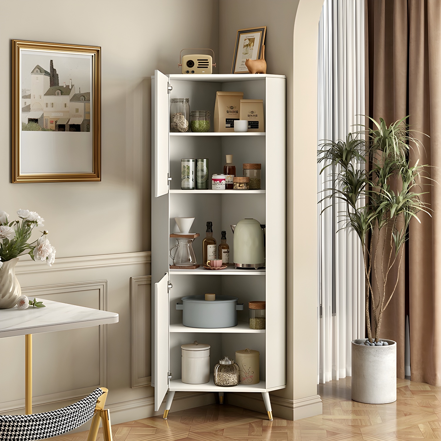 Modern White Corner Accent Cabinet with Stone Counter Top, 2 Cabinets, and 6 Shelves - image 11