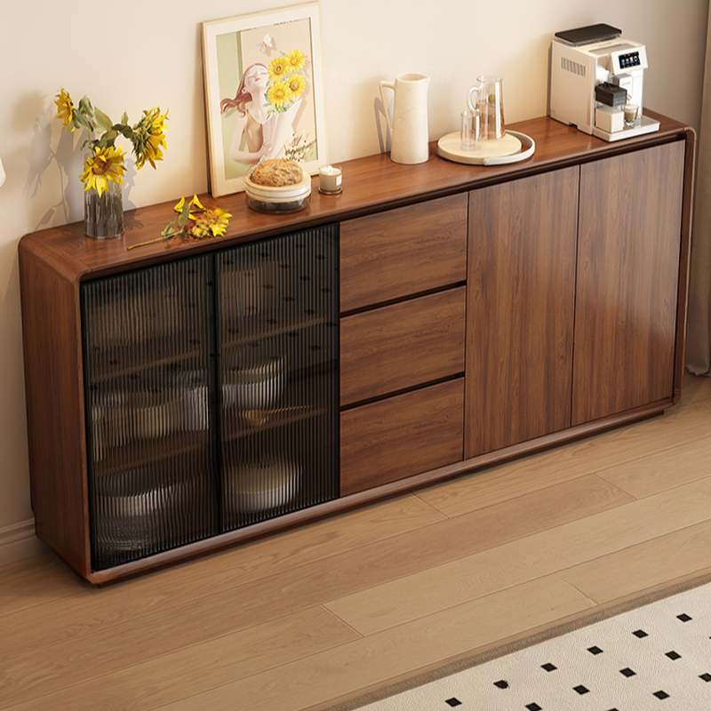 Espresso Sideboard with 3 Drawers, Locker Cabinet, Narrow Size, Compartment Storage, Glass-panel Door, and Flexible Shelf