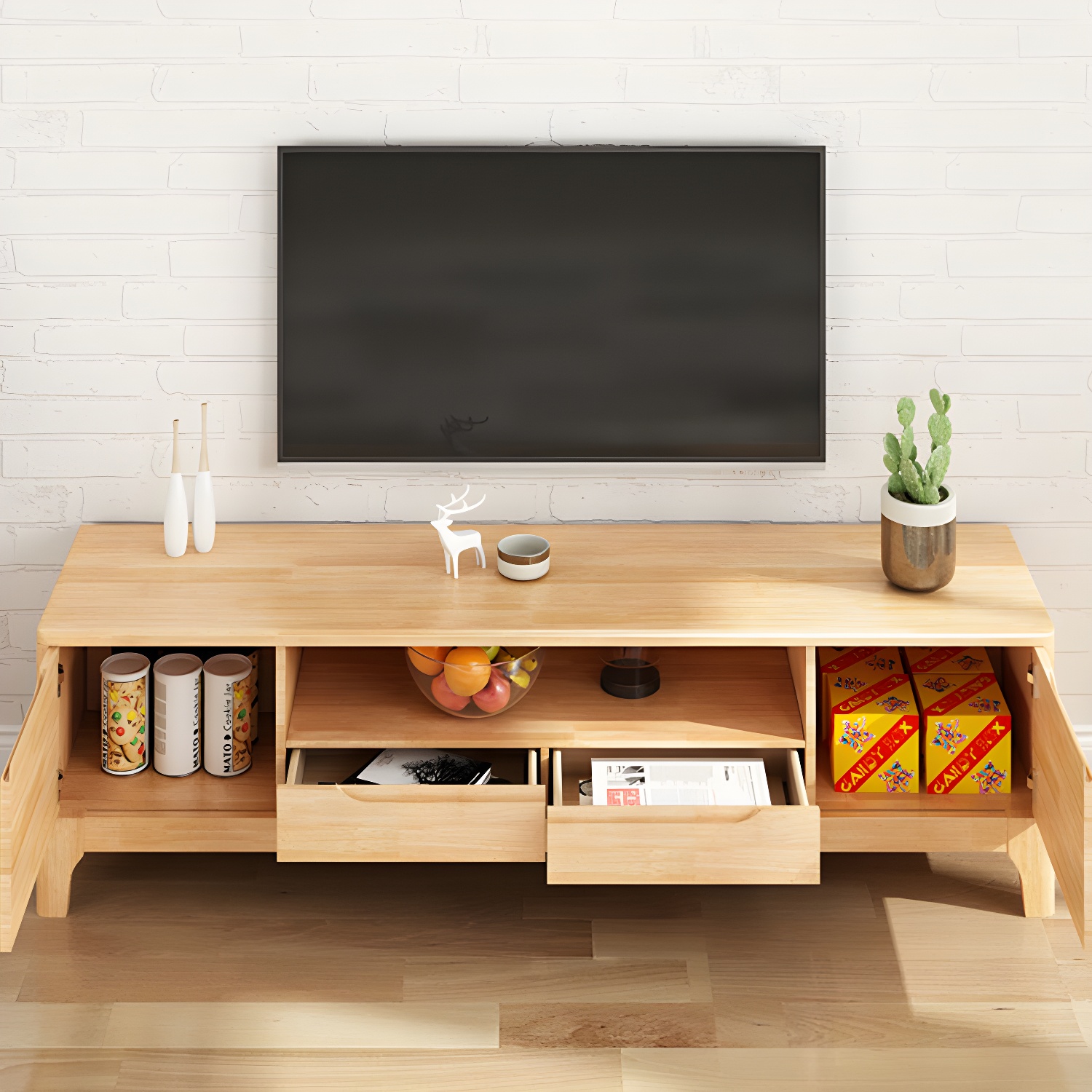Scandinavian Open Shelf TV Console 2-Cabinet TV Stand with Soft Close Drawers - image 7