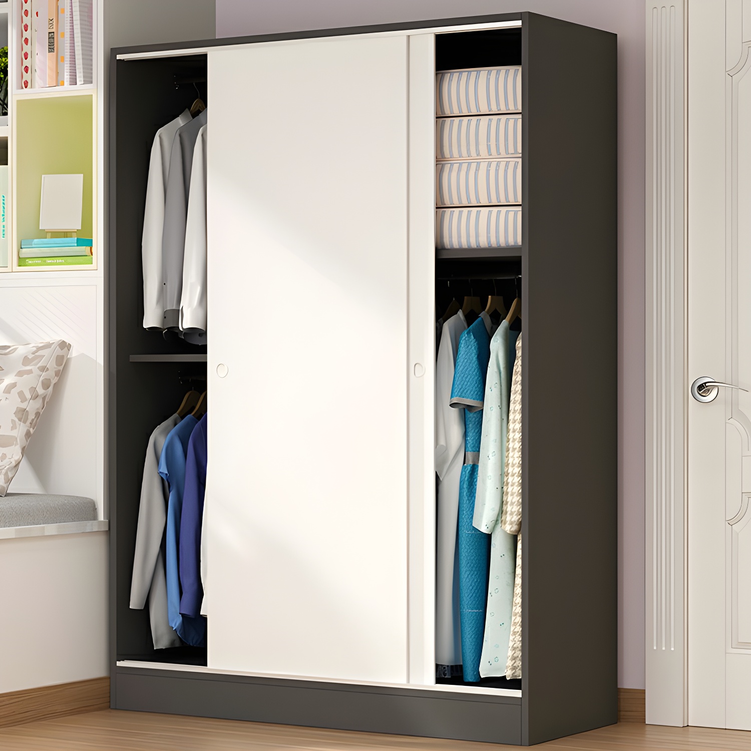 White Wood Double Door Industrial Wardrobe 5 Shelves Cabinet