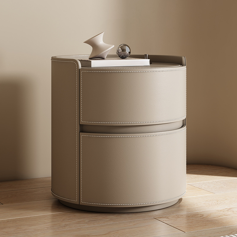 Scandinavian Round Nightstand with 2 Drawers and Synthetic Leather Countertop - image 13