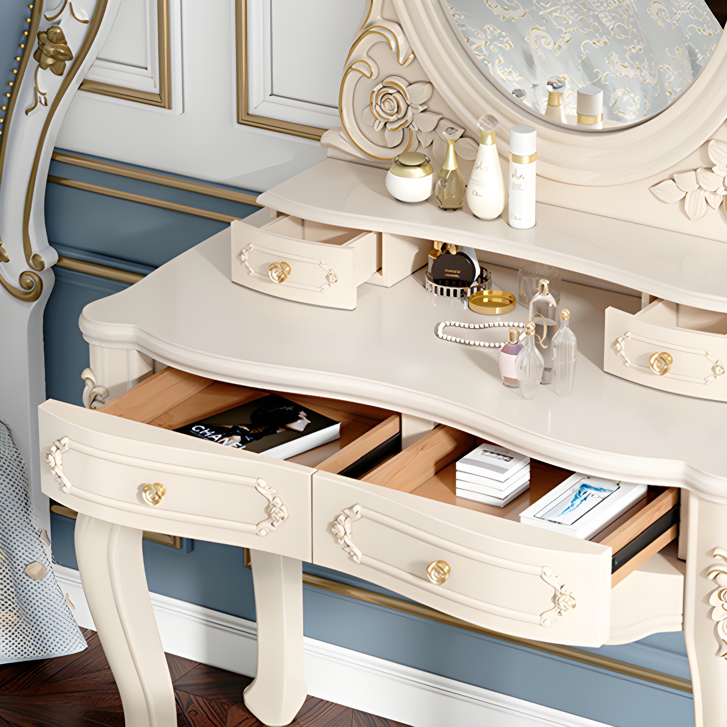 Elegant White Victorian Makeup Vanity Set with Wood Top & Mirror & Drawers & Upholstered Chair - image 8