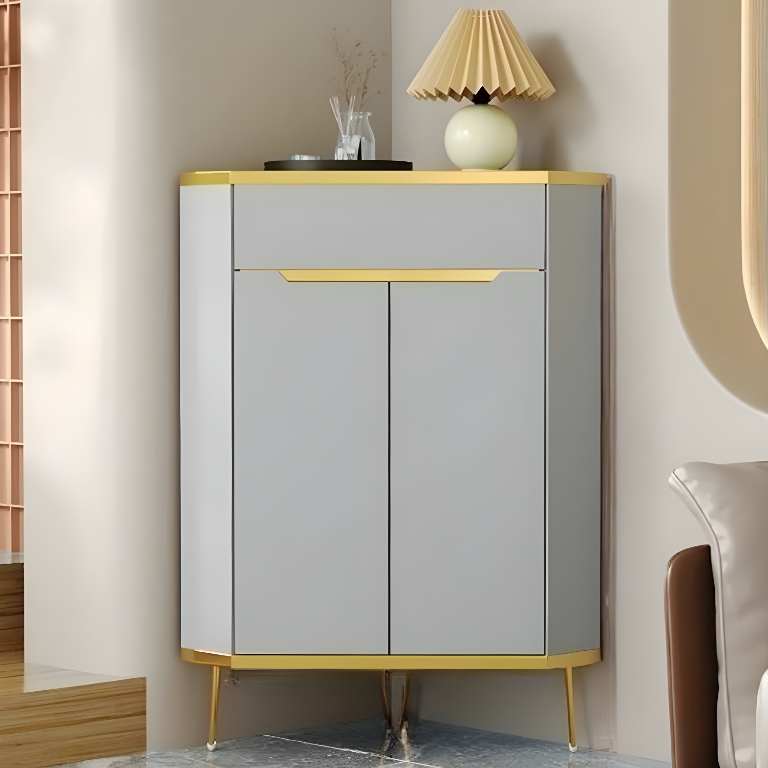 Glam Gold Corner Cabinet with Drawers and Cabinet Included- Scratch resistant & Soft-Close Doors
