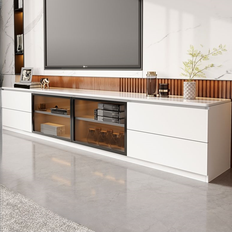 2-Cabinet & 4 Drawers Trendy Sintered Stone TV Stand with Shelf & Cable Management