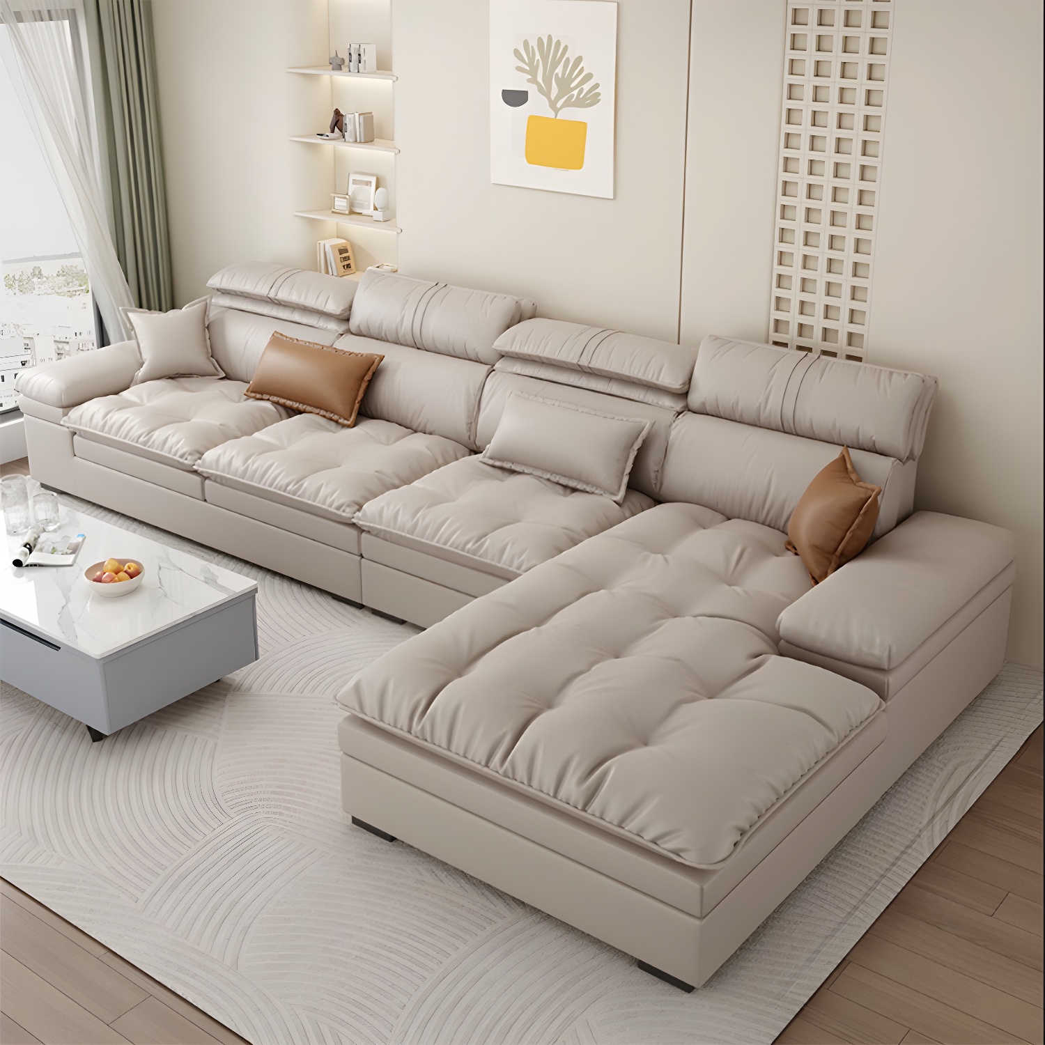 Modern Beige Faux Leather Stationary Sectional Sofa with Adjustable Headrest and Wood Frame