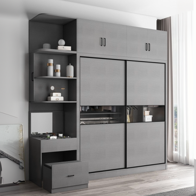 Dove Grey Modish Manufactured Wood Armoire Cabinet with Soft Close Drawer, Soft Close Door, Interior Shelves, and Clothing Rod