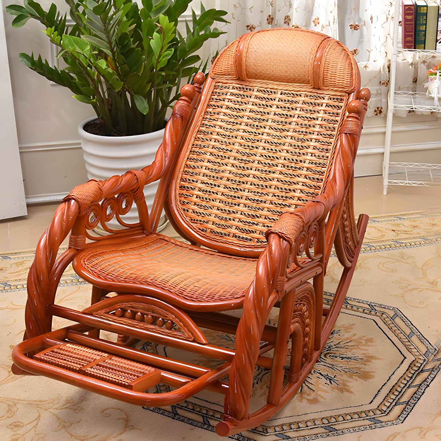 Traditional Spindle Rocking Chair Tobacco Finish with Pillow Rocker Chair Wicker - image 9