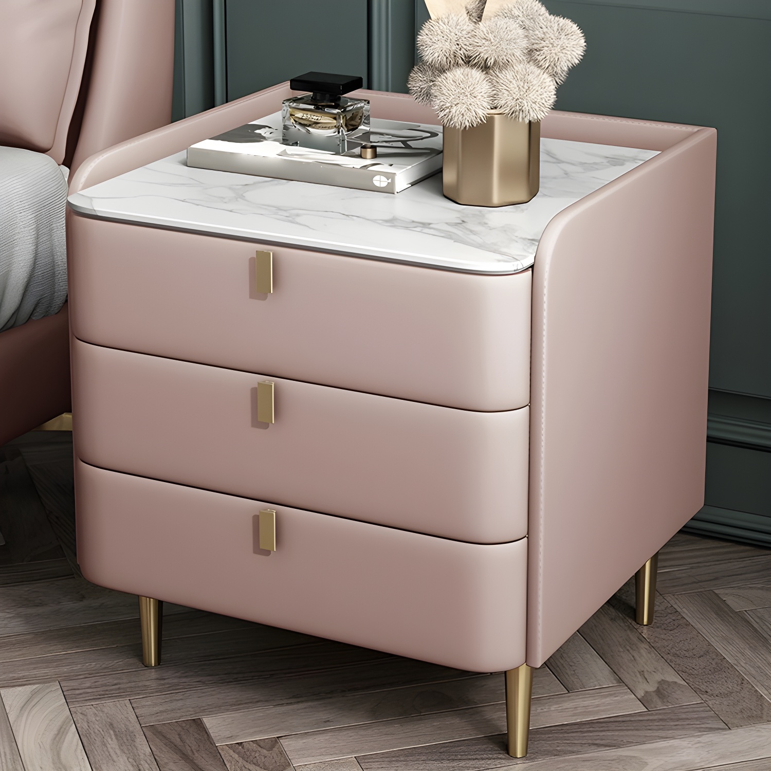 Stone Top Nightstand 3-drawer Leather Night Table with 4 Legs - image 10