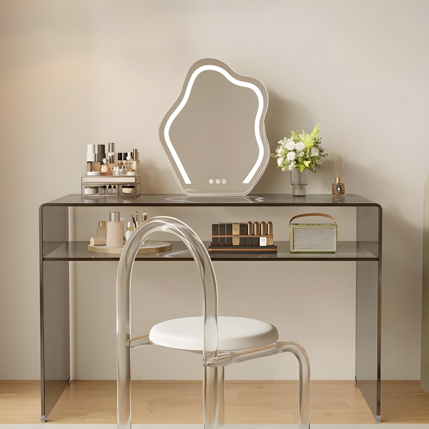 Transparent Glass Rectangular Dressing Table Double Base with Partition