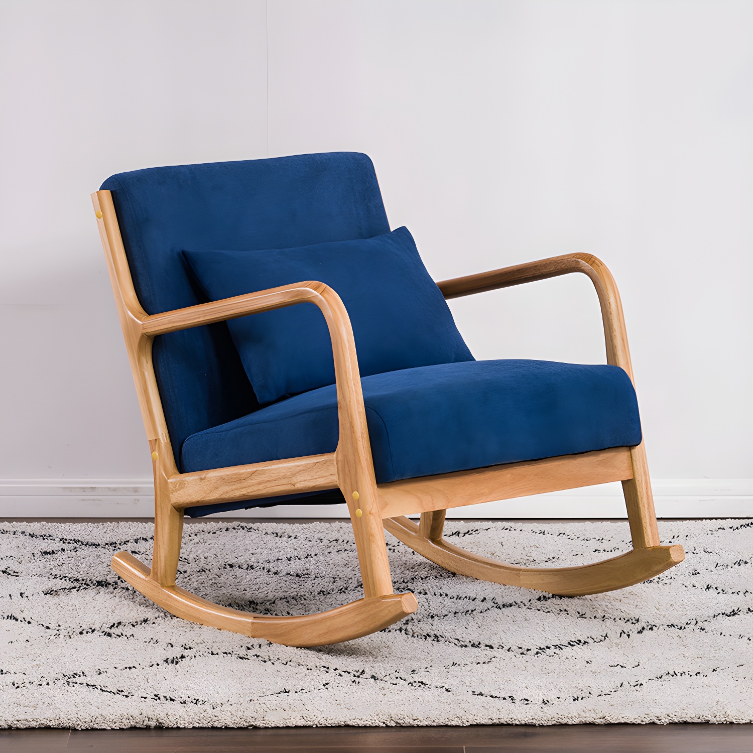 Modern Upholstered Rocking Chair with Natural Wood Legs and Recessed Back Cushion