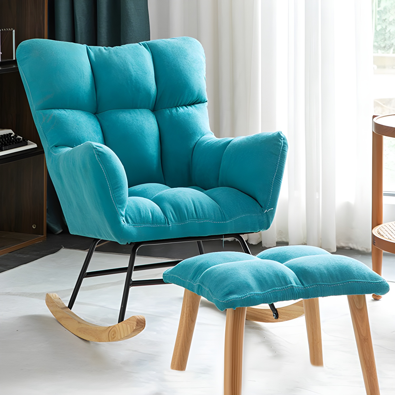 Modern Rocker Chair Upholstered Dark Legs Glider Button-Tufted - image 22
