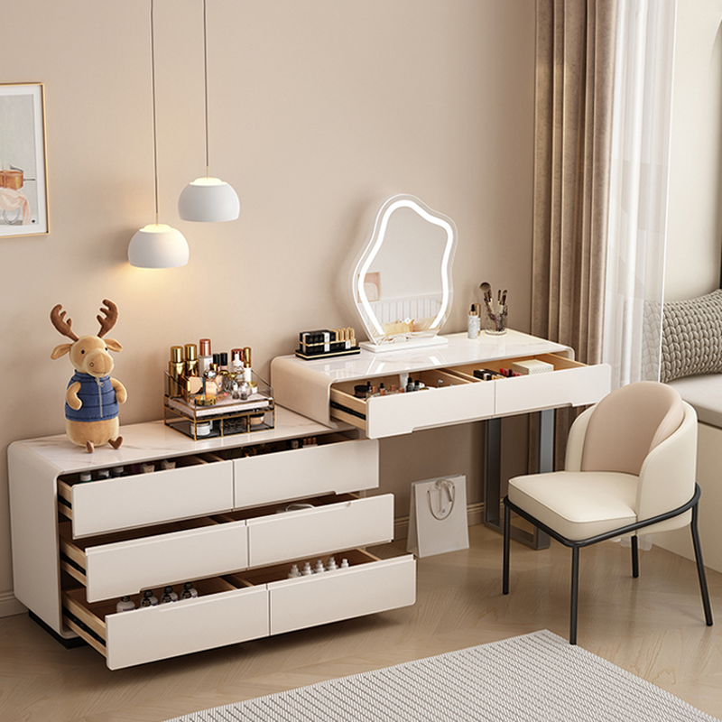 Large/Standard Stone Vanity Set with White Upholstered Chair, 5/8 Drawers, Mirror Lights, and Lighting