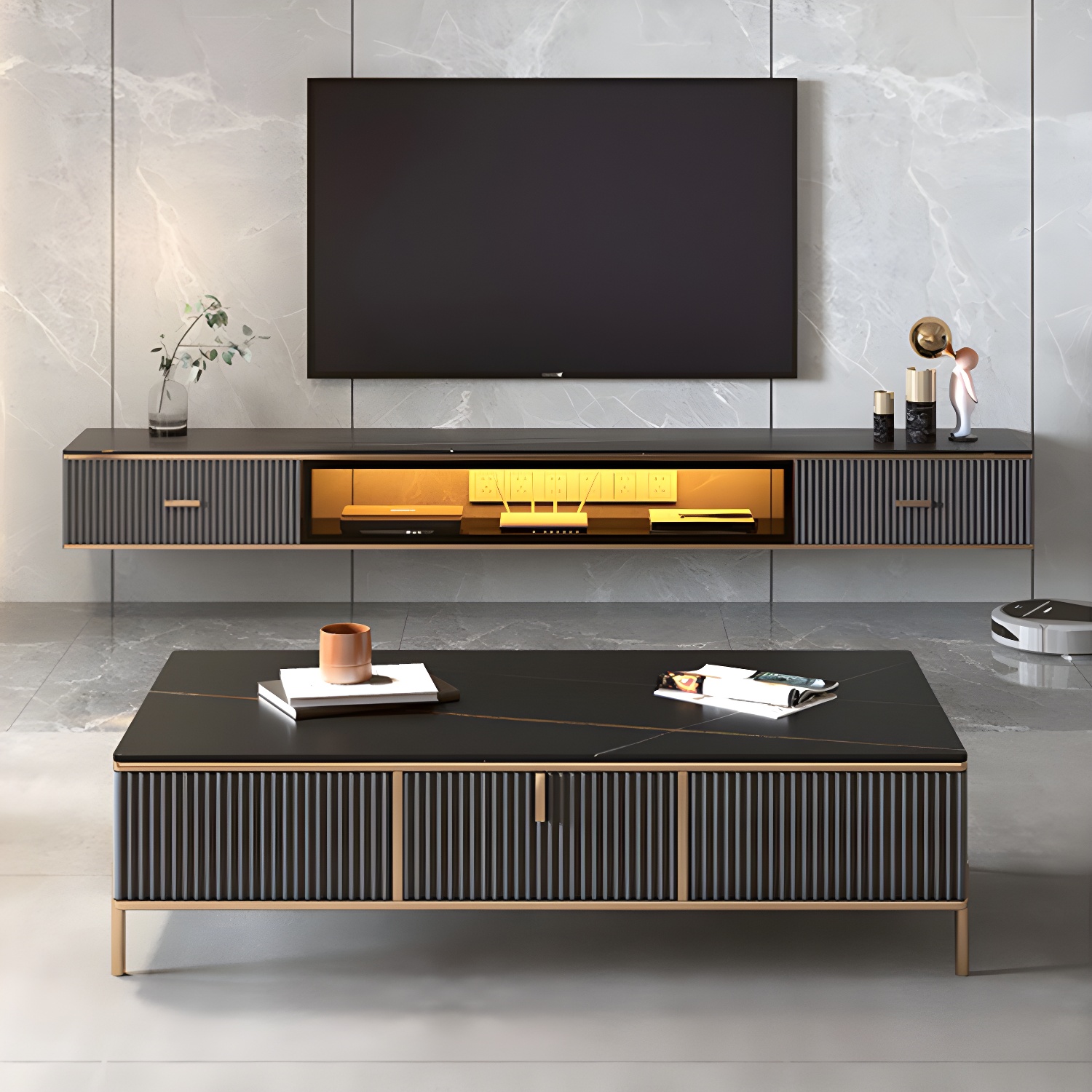 2 Drawers Contemporary TV Stand Stone Wall-mounted TV Cabinet - image 6