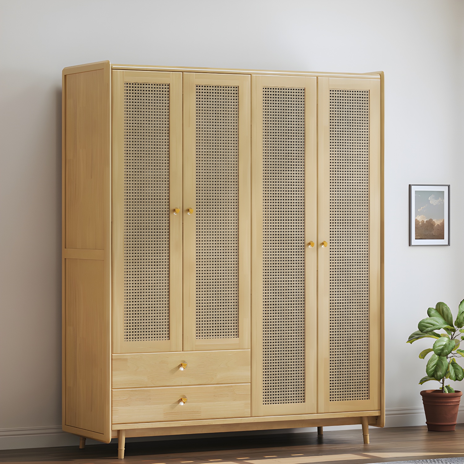 Rubberwood Solid Wood Frame Wardrobe Modern Rattan Hinged Doors with Legs - image 3