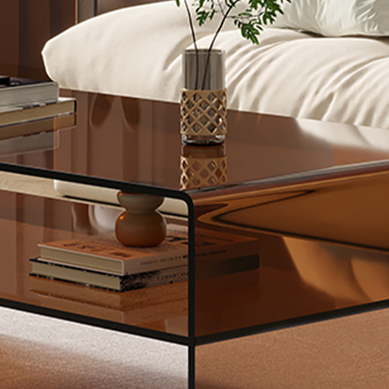 Rectangular Brown Glass Modern Coffee Table with Sled Base and Storage - image 8