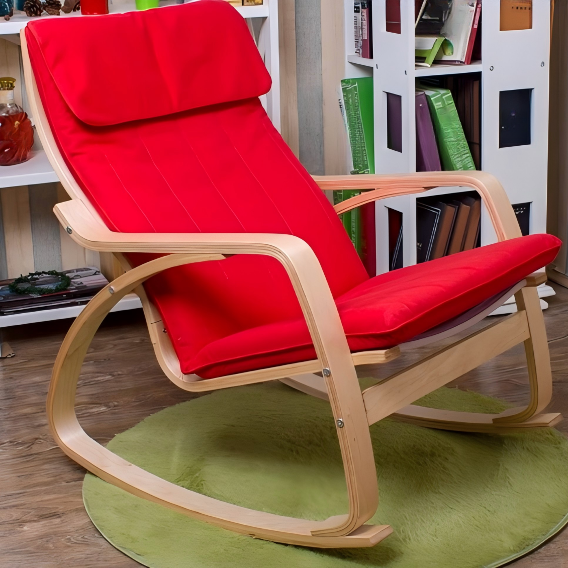 Ergonomic Natural Wood Rocking Armchair with Rear Back, Stationary - image 7