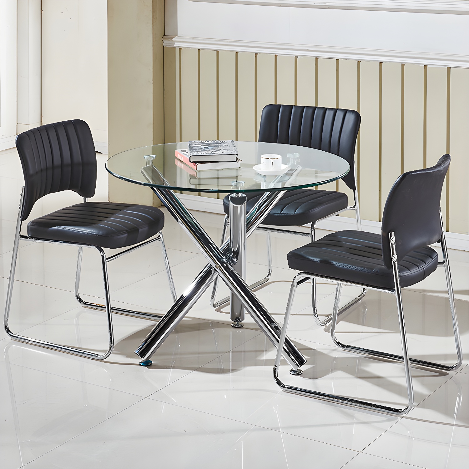 Modern Glass Round Dining Set with Three-Leg Metal Base - Clear, 36-inch Table - image 13