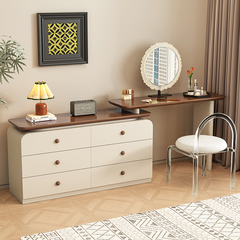 Cream Modish Large Vanity Set with Reclaimed Wood Table Top, 3/6 Drawers, and Light Up Mirror