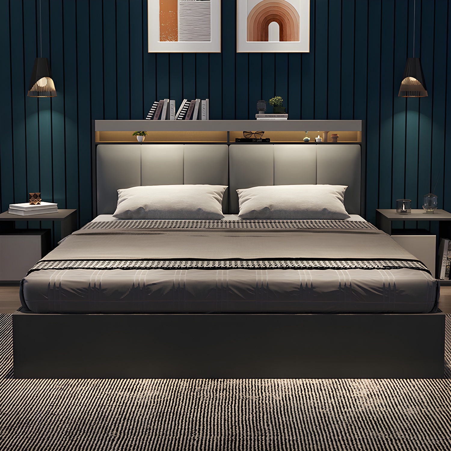 Modern Upholstered Headboard Bed with Storage and Patchwork Design
