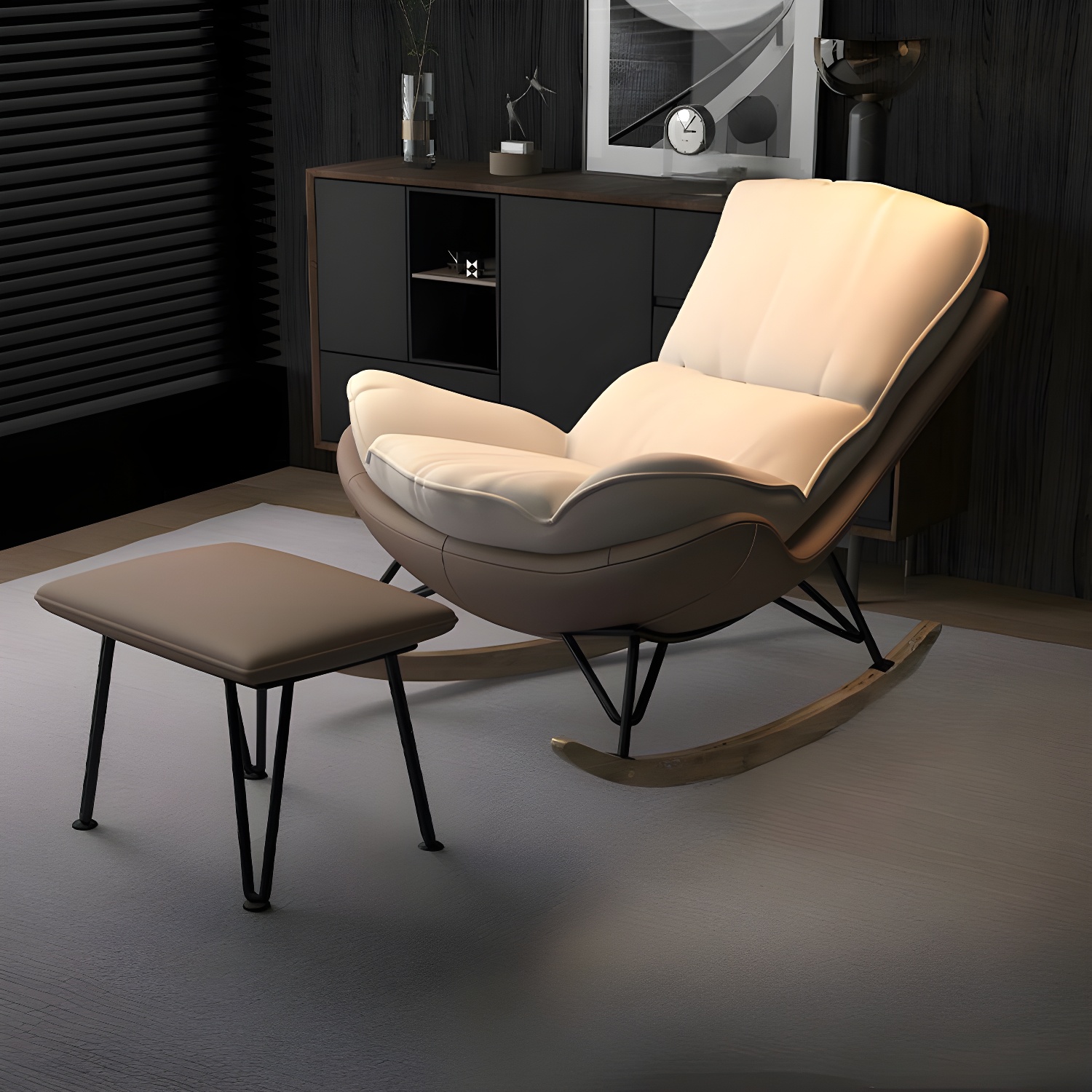 Modern Upholstered Rocking Chair with Natural Wood Legs and Arms, Complete with Ottoman