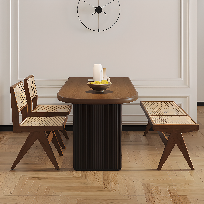 Minimalist Peninsula Dining Table Set with Wood Slab Top, Two-sided Pedestal Base, Fixed Table in Auburn