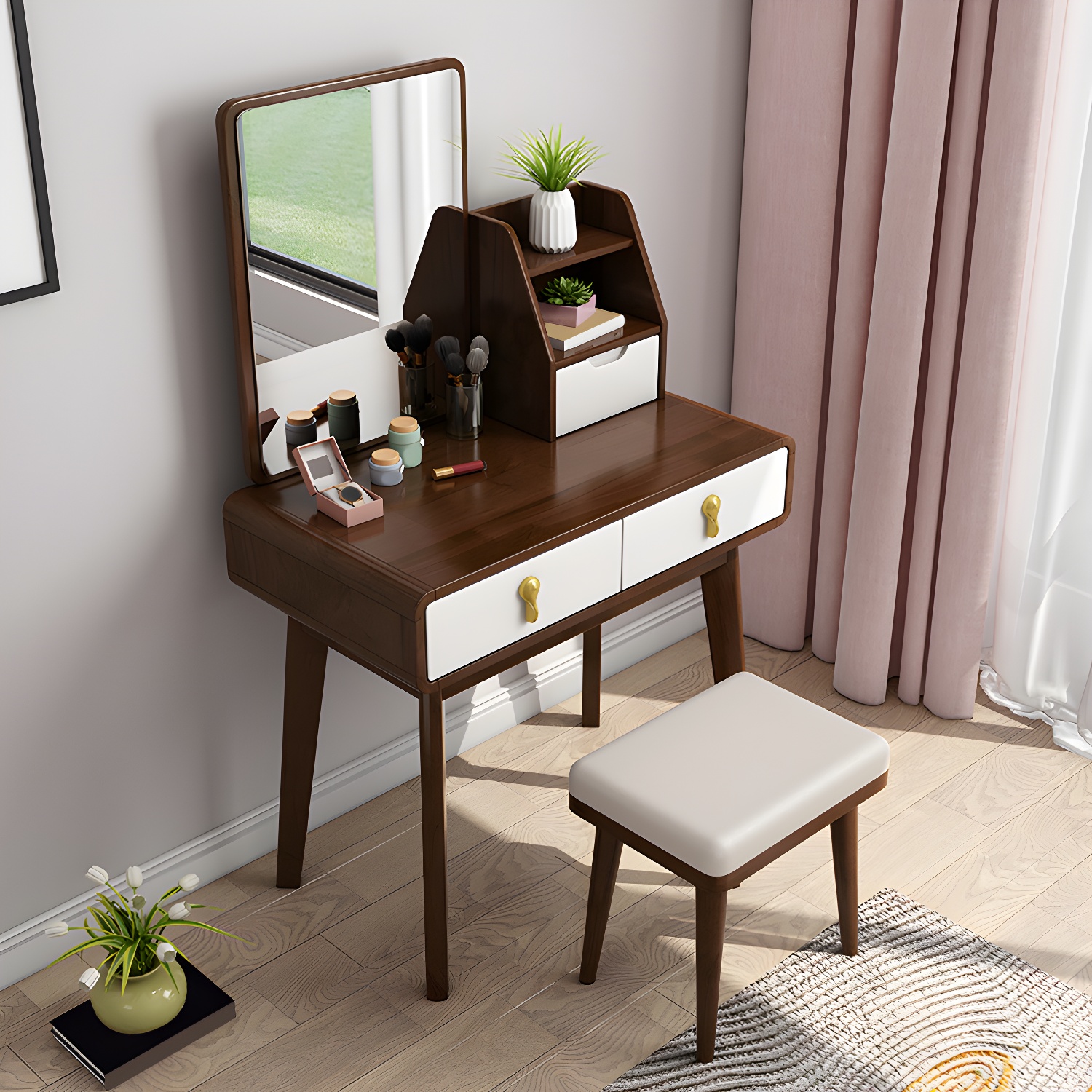 Scandinavian 3-Drawer Dressing Table Solid Wood Vanity Makeup Table Set - image 4