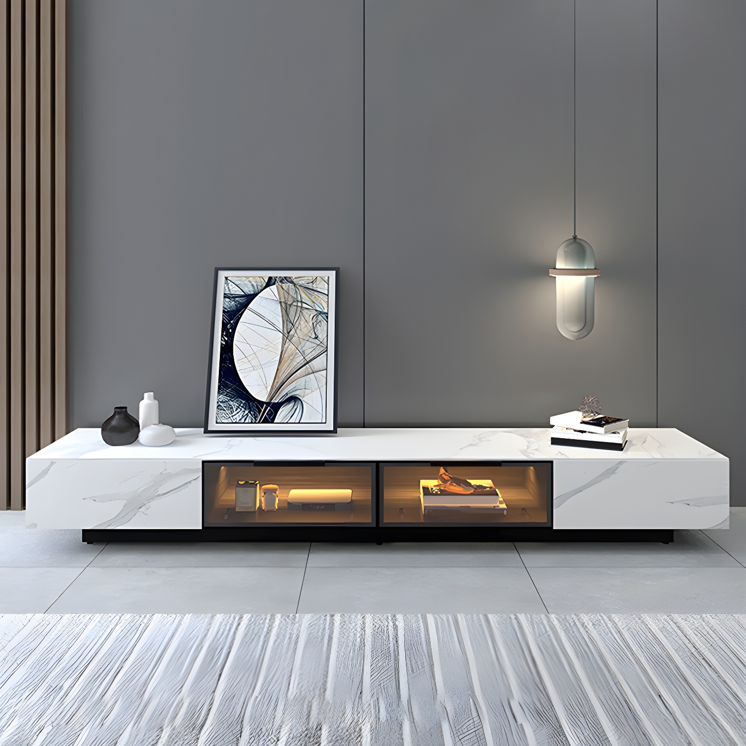 Modern Slate TV Stand White Closed Storage TV Console with Sensor Light