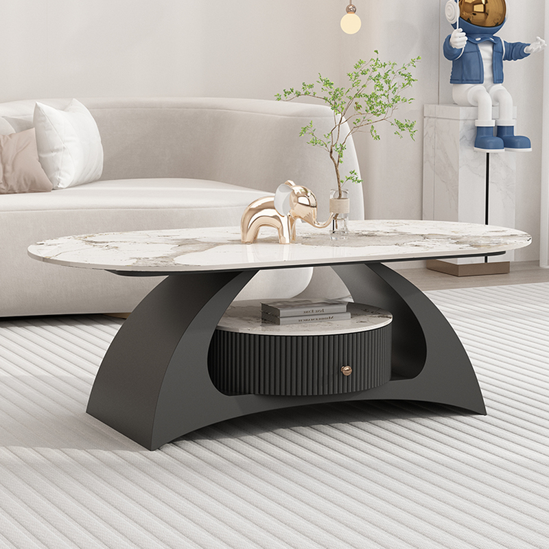 Mission Style Single/Bunching Slate Top Abstract Base White Oval Board Game Coffee Table with 1 Drawer - image 7