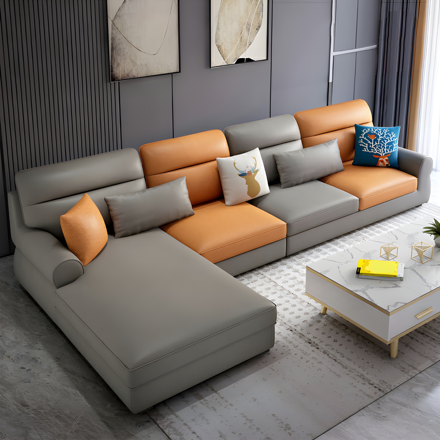 Large Modern L-Shape Stationary Wood Sectional Sofa with Round Arm and Cushion Back - image 8