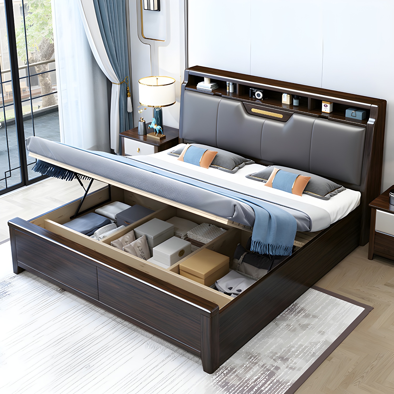 Brown Upholstery Wood Bed with Headboard – Modern Style, Full Assembly Needed - image 4