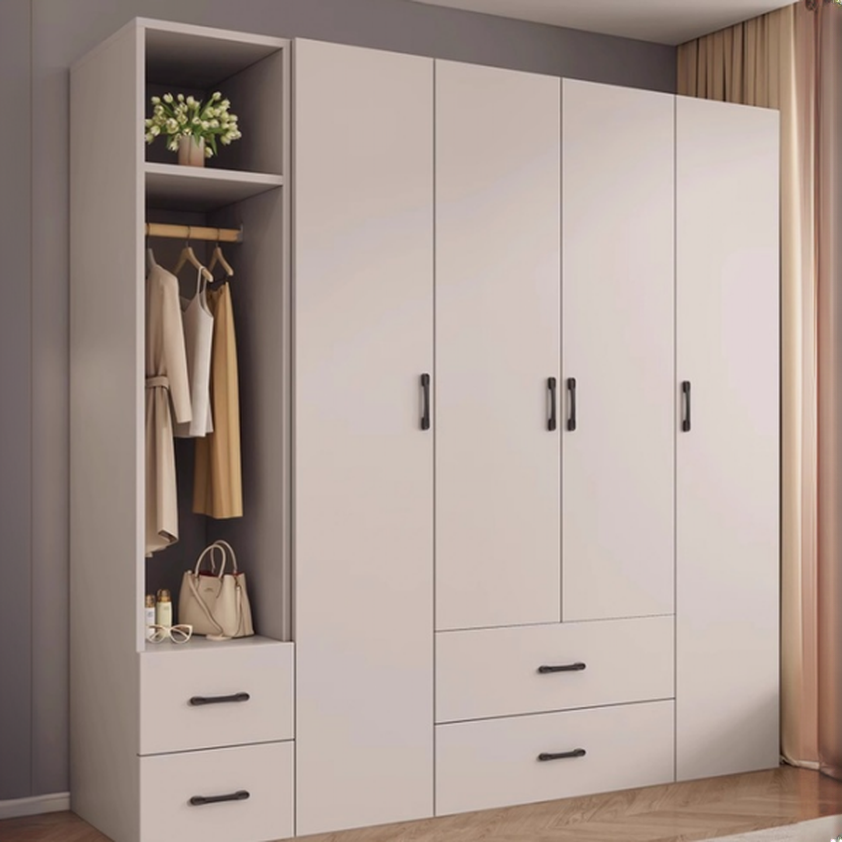 Chalk Modish Manufactured Wood Wardrobe Closet with Soft Close Drawer, Soft Close Door, Interior Shelves, and Clothing Rod