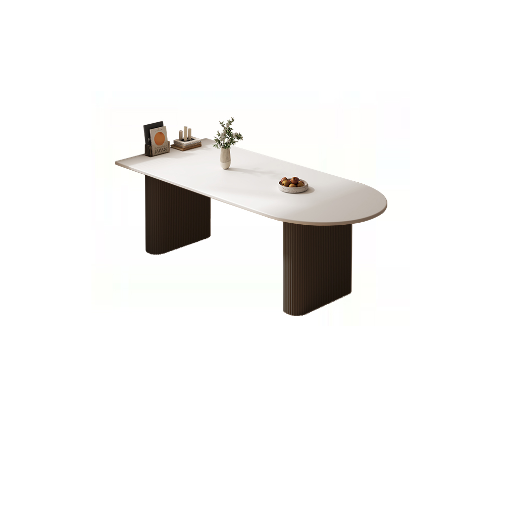 Minimalist Dining Table Set with White Slate Top and Two-sided Pedestal Base, Featuring a Fixed Table