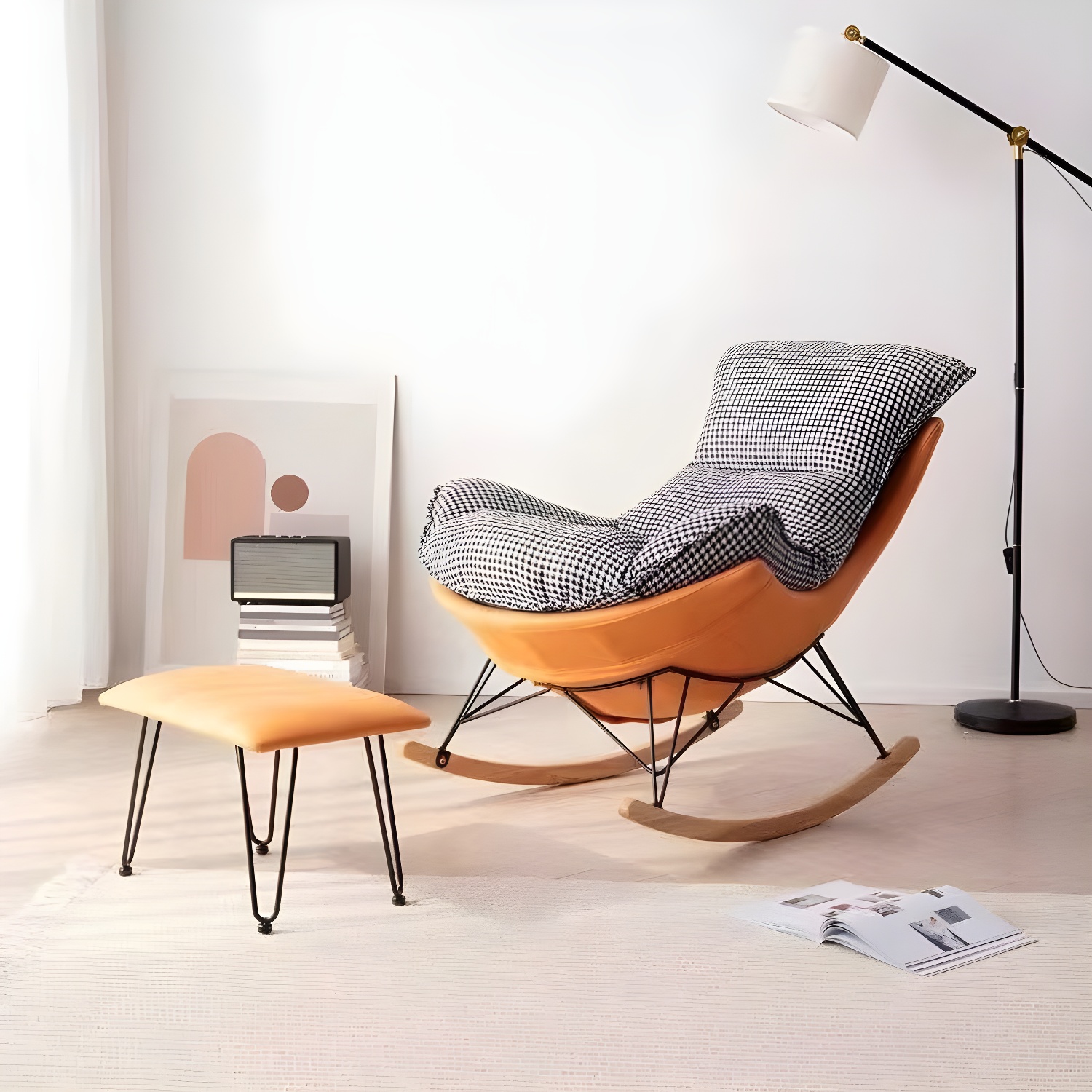 Modern Glider Chair Solid Pure Color Faux Leather Rocker Chair with Ottoman - image 7