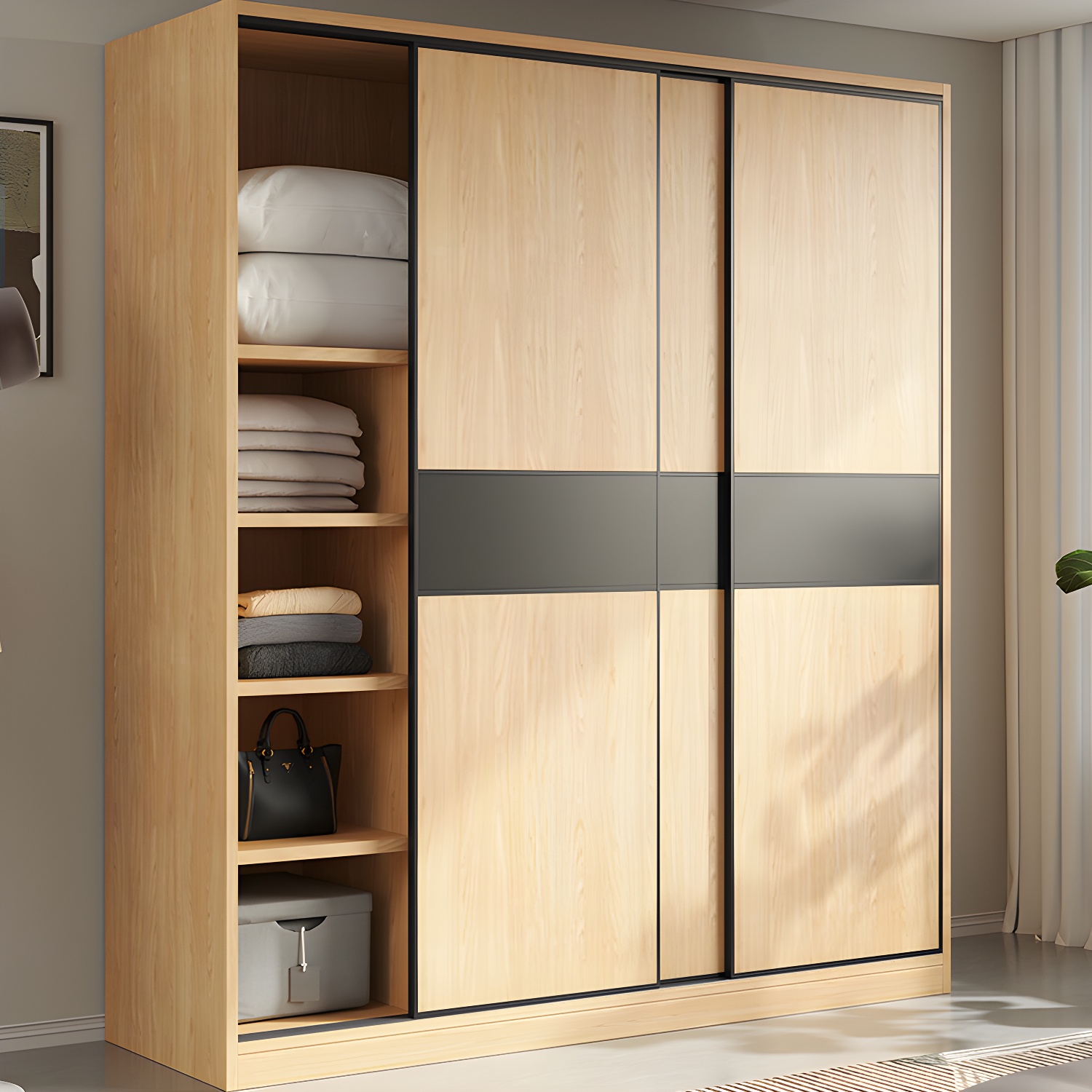 Light Wood Wardrobe Armoire with Sliding Doors, Clothing Rod, and Soft-Close Drawers