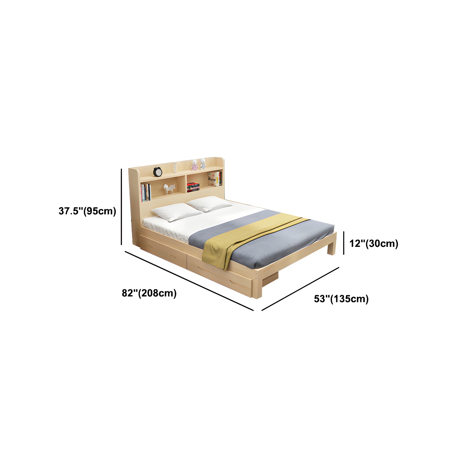 Nordic Solid Wood Bookcase Included Bed Frame Upholstered 2-Drawer Bed Frame - image 11