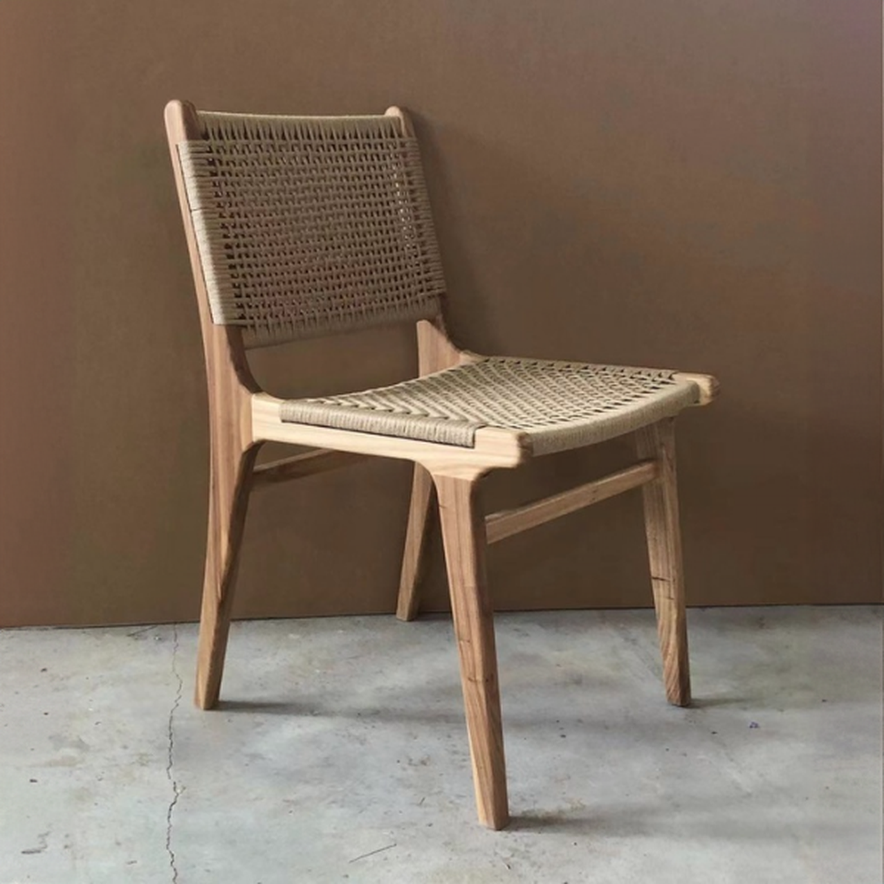 Modish Stable Genuine Leather/Rope/Faux Leather Woven Side Chair with Wood Framed Open Back and Natural Finish/Brown Base - image 3