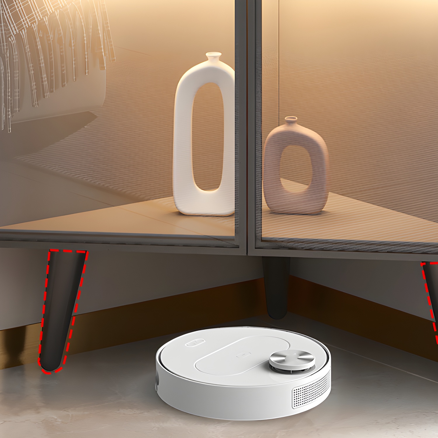 Corner Modern Accent Cabinet with Black Metal Base and Glass Doors, Black Wood Counter Top - image 6