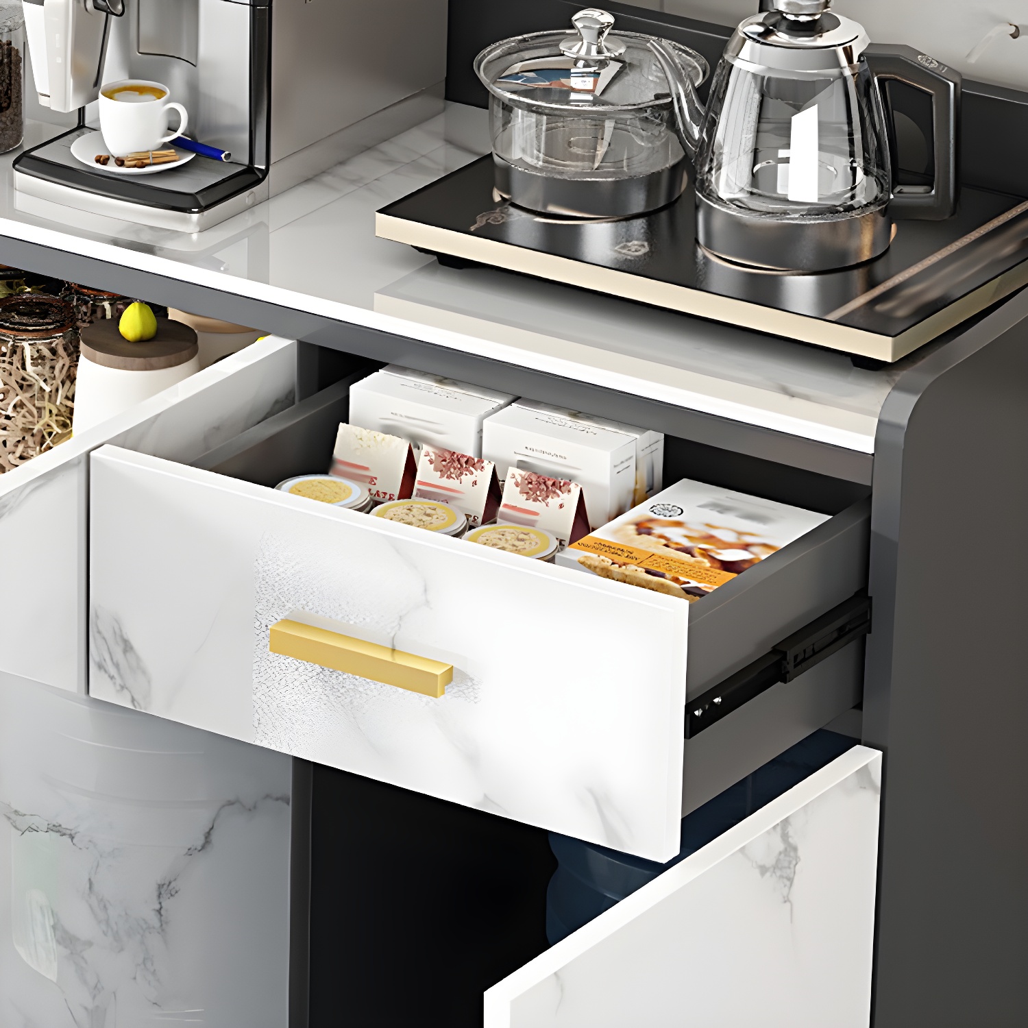 Modern Stone Top Shelves Included Sideboard with White & Grey Manufactured Wood Door - image 10