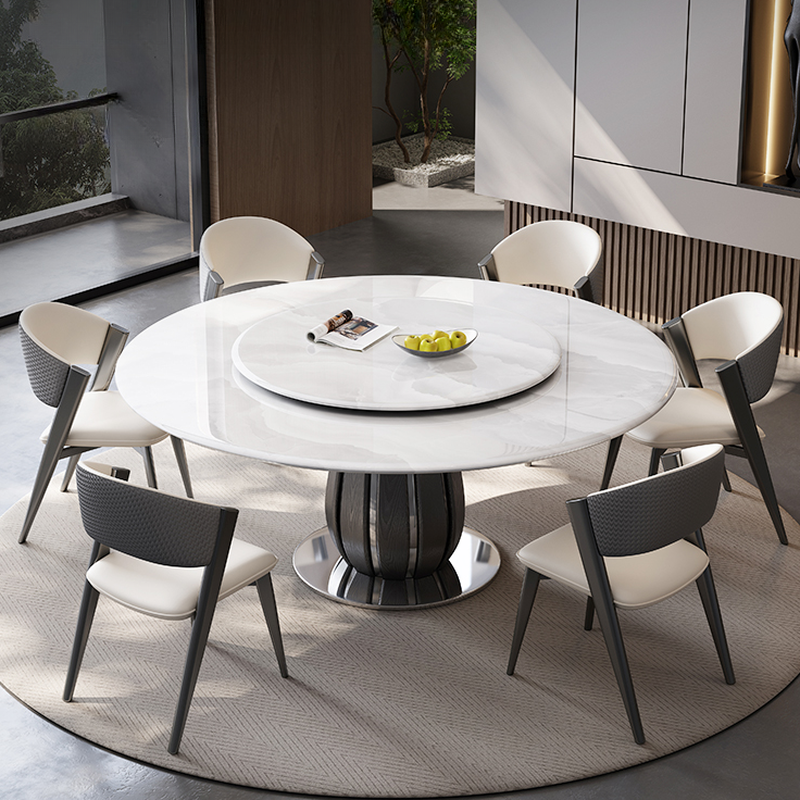 Circular-shaped Slate Stone Dining Table Set with Stump Base, Upholstered Back Chairs, Seats 6 People