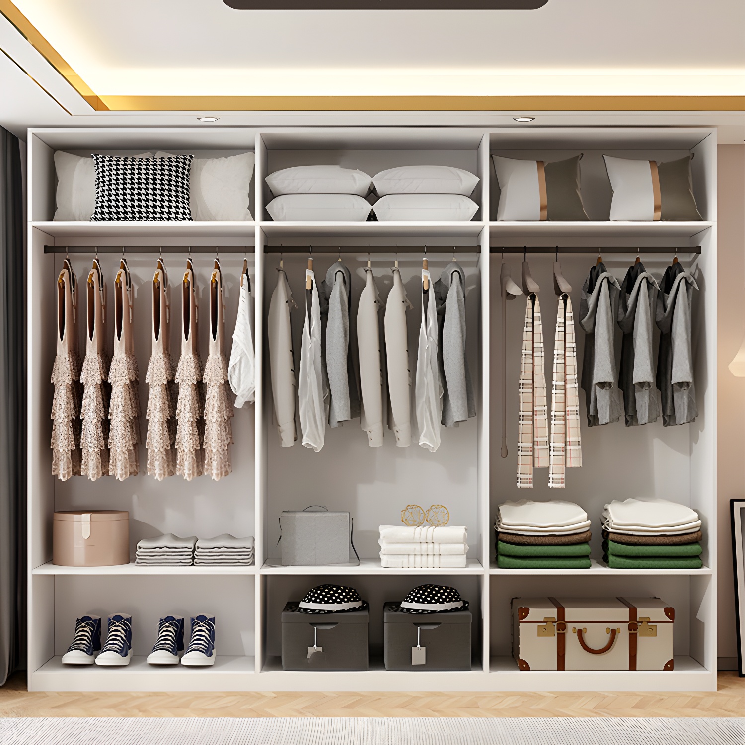 Modern Solid Color Shelves Hinged Doors Cloth Rod Included Cabinet in Beige - image 11