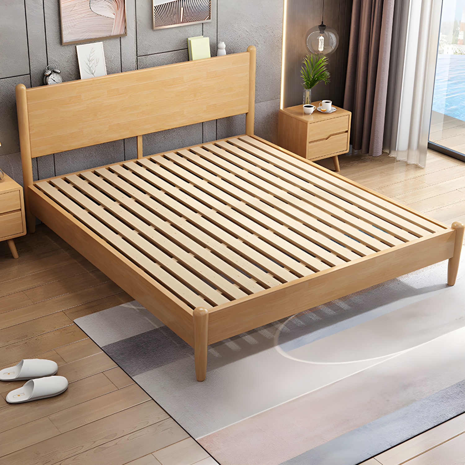 Northern European Solid Wood Bed Frame Mattress Included Panel Bed with Headboard - image 3