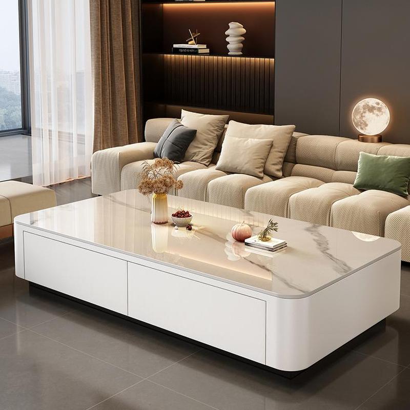 Modern Style Stone Top Steel Base Block Coffee Table with 4 Drawers Rectangular Shape