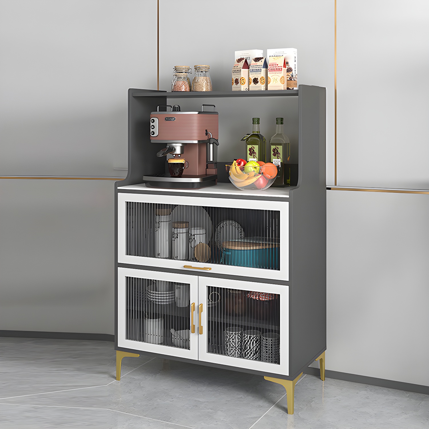 Sintered Stone Countertop Dining Server Manufactured Wood Kitchen Server with Glass Doors - image 5